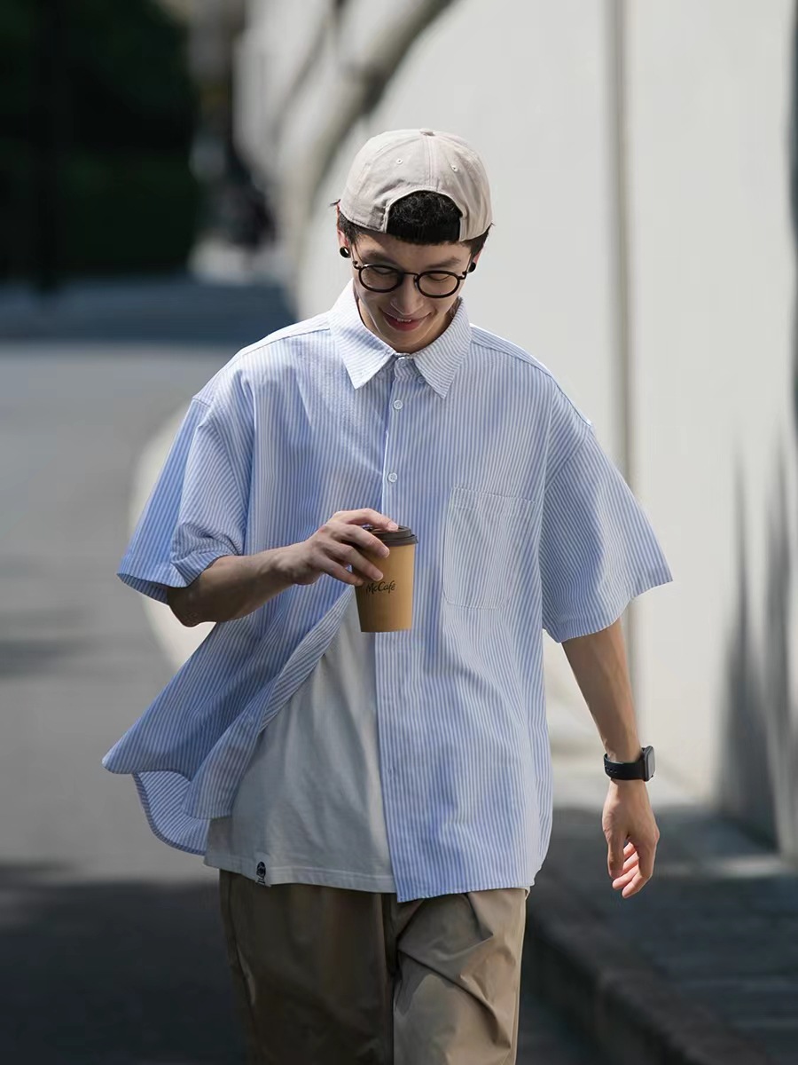 Oversized Cotton Striped Short Sleeve Shirt