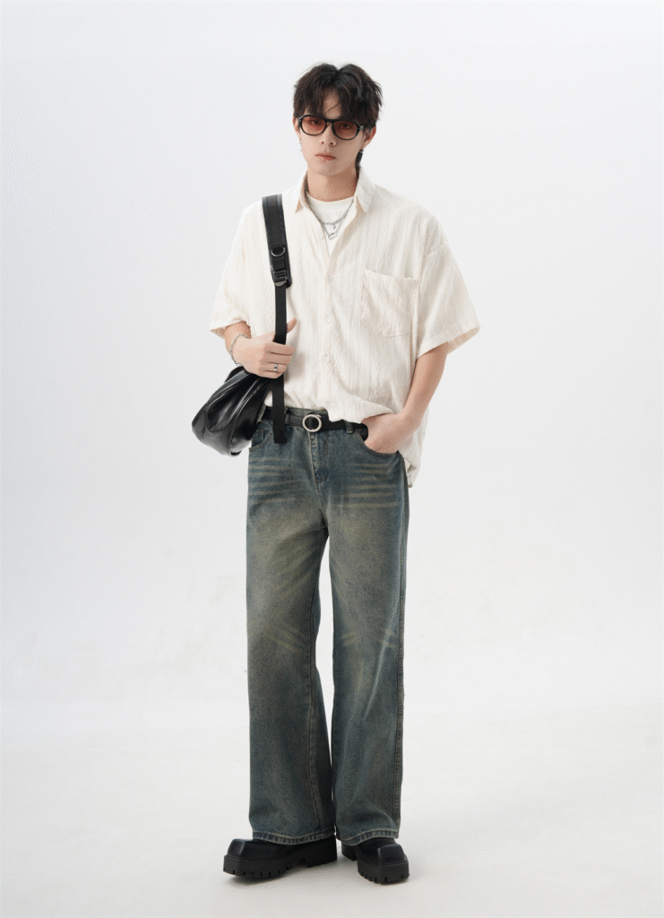 Textured Cable Pattern Open-Collar Shirt