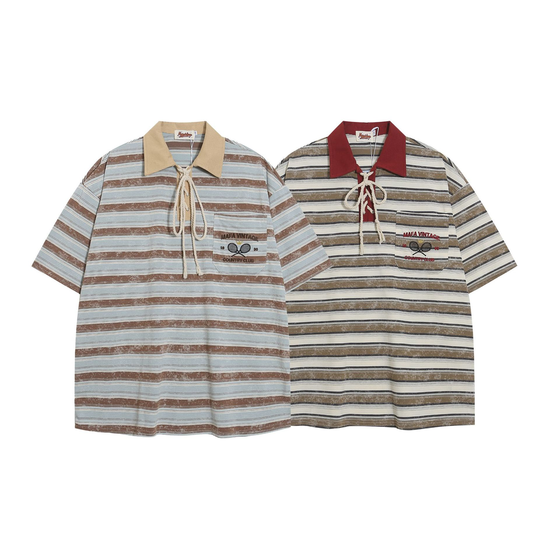 Lace-up Striped Polo Shirt with Embroidered Pocket