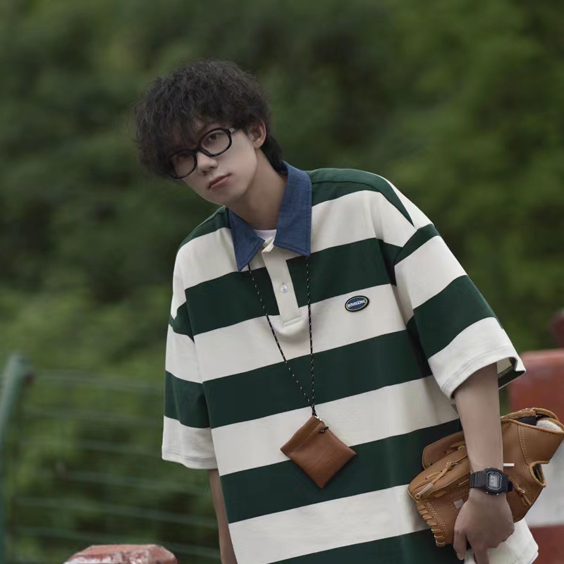 Oversized Rugby Stripe Polo Shirt with Contrast Collar